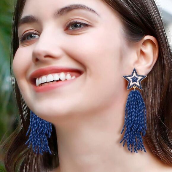 Yellow Gold and Blue White Beaded Star Tassel Fringe Dangling Boho Post Earrings - Picture 6 of 7